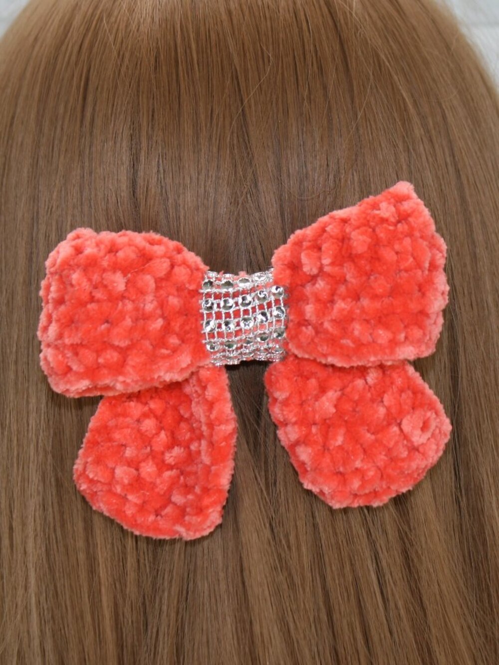 HAND CRAFTED Hair Bow Kids Crochet Chenille Velvet Hair Barrette Orange
